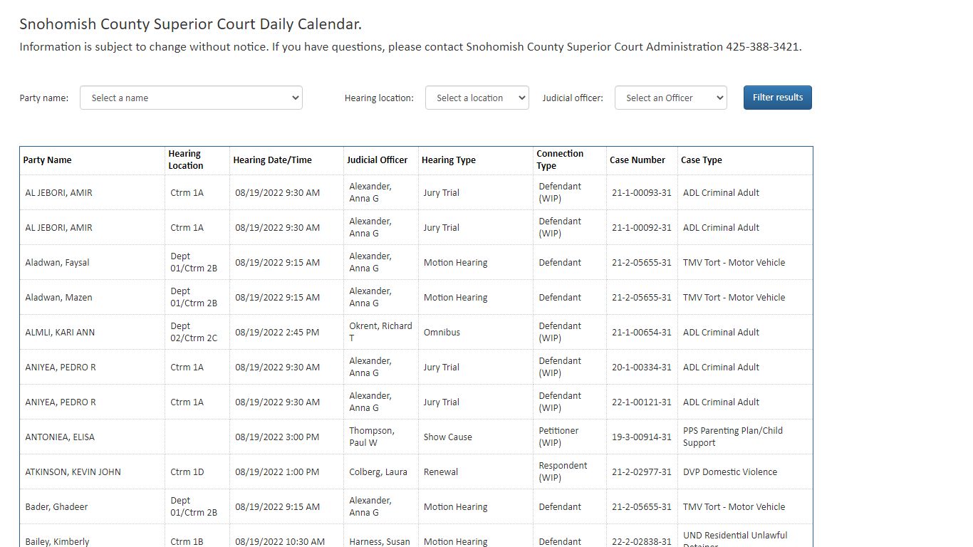 Snohomish County Superior Court Daily Calendar.